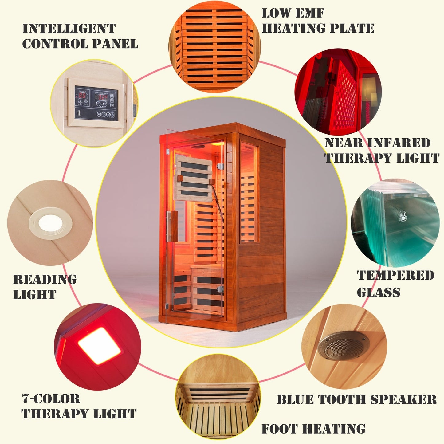 Far infrared sauna front door with red light therapy Low EMFwooden sauna room