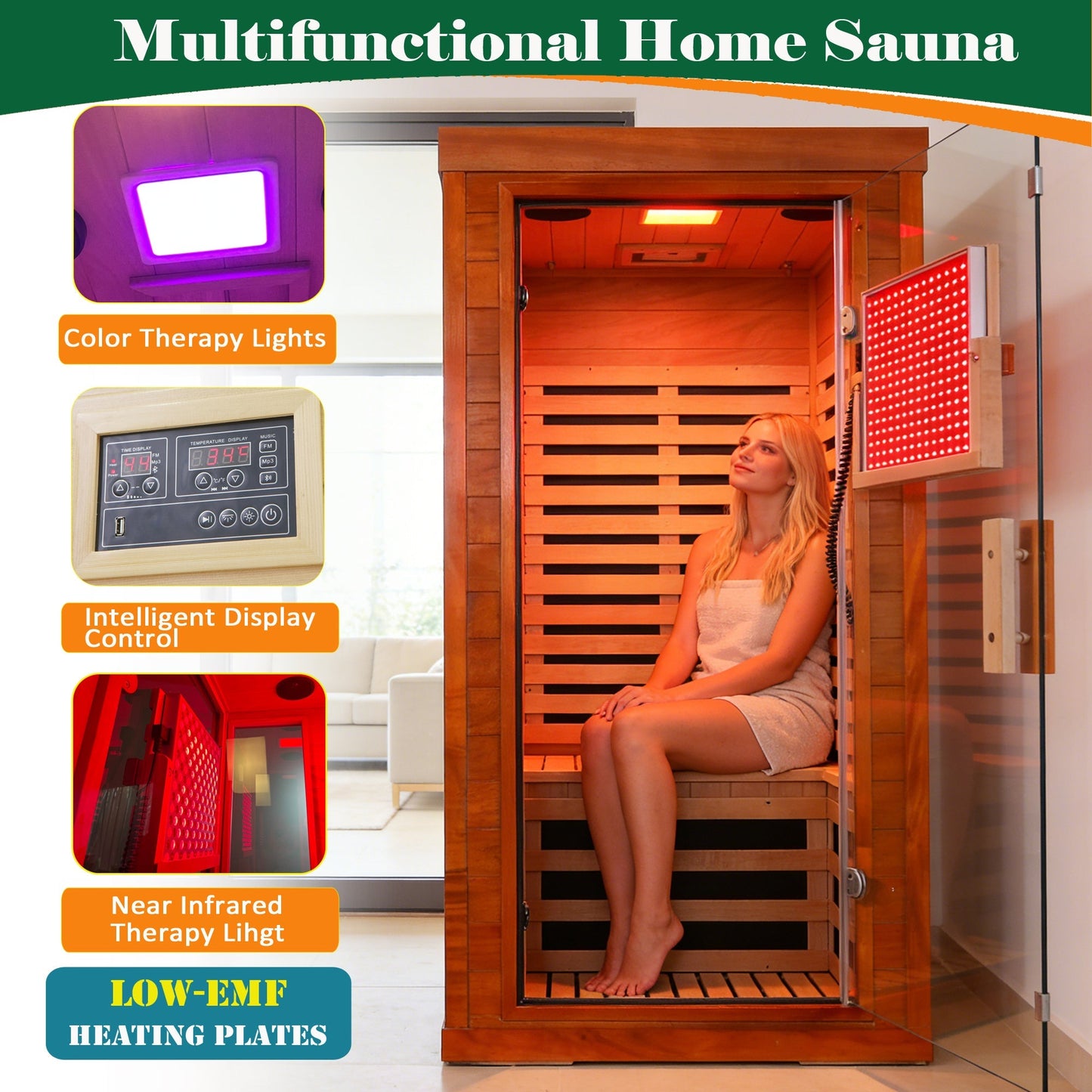 Far infrared sauna front door with red light therapy Low EMFwooden sauna room